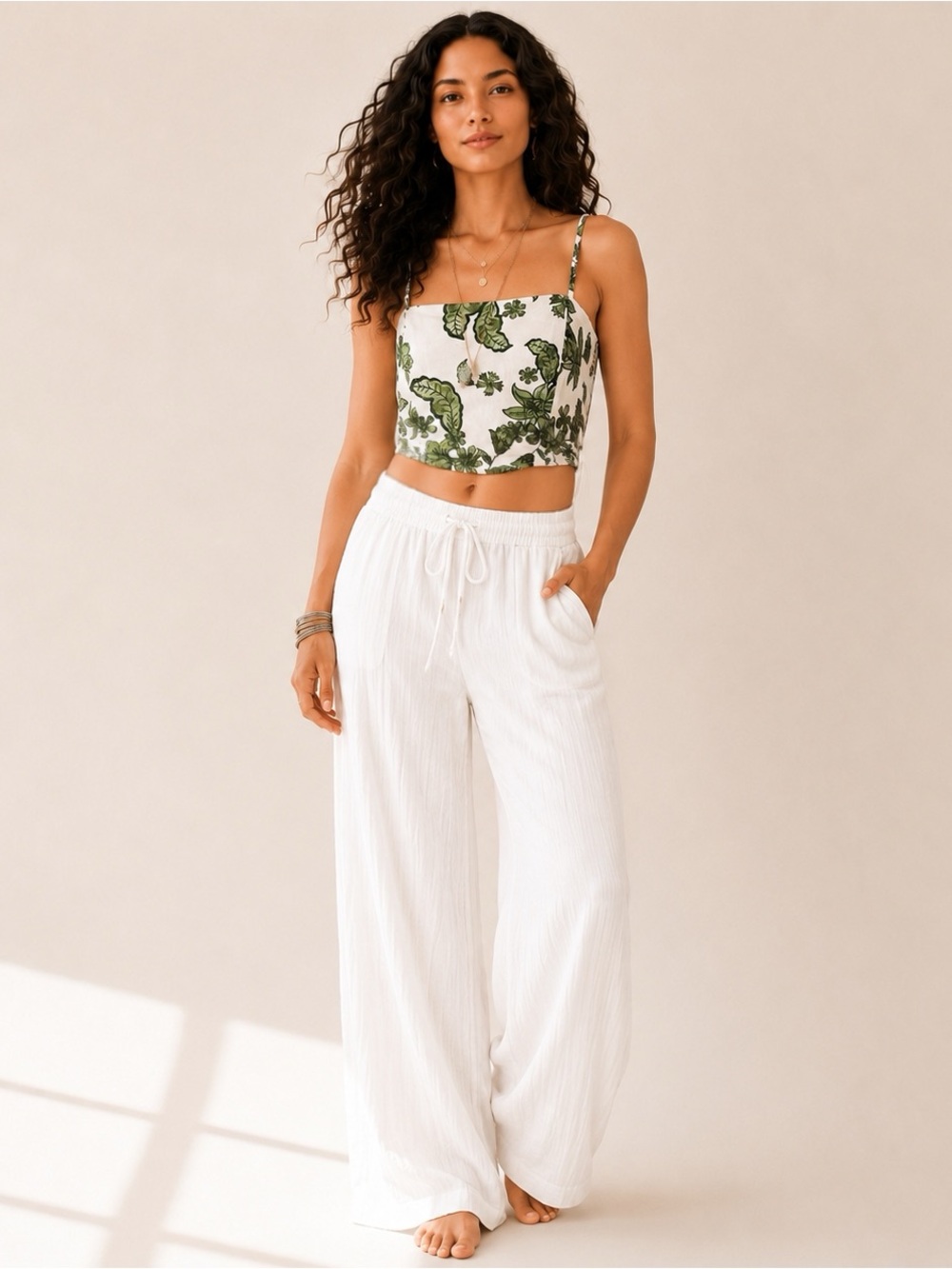 Midnight Sky Linen Blend Floral Crop Tank Top Smocked Back Size S NWT